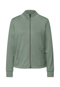 Giacca verde con zip frontale, colletto alla coreana, tasche laterali e polsini a costine. Realizzata in tessuto morbido e liscio con un design semplice.