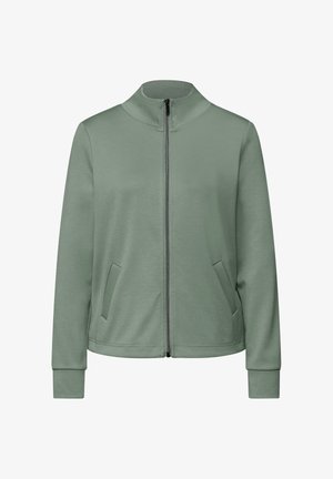 Grüne Jacke mit Reißverschluss, Stehkragen, Seitentaschen und gerippten Bündchen. Hergestellt aus weichem, glattem Stoff mit schlichtem Design.