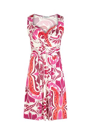 Ærmeløs kjole med V-hals, tætsiddende talje og dristigt pink, rød og hvidt abstrakt blomsterprint på blødt stof.