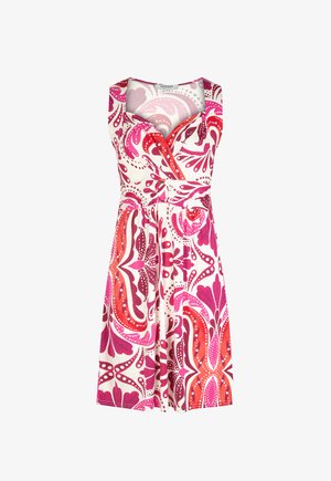 Ærmeløs kjole med V-hals, tætsiddende talje og dristigt pink, rød og hvidt abstrakt blomsterprint på blødt stof.