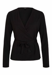 Zwarte lange mouwen wikkeltop met een diepe V-hals, voorzien van een strik taille en zachte, gladde stof. Ideaal voor lagen of casual draag.