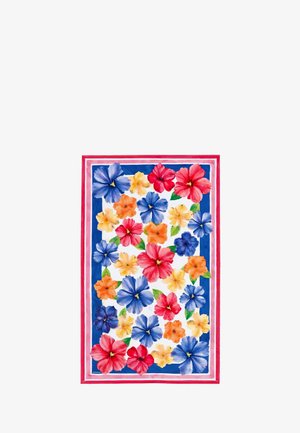 Tissu rectangulaire avec des fleurs d'hibiscus rouges, bleues, orange et jaunes et des feuilles vertes, encadré par une bordure rayée bleue, blanche et rouge.