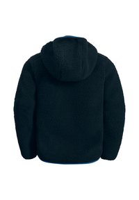 Hoodie en polaire bleu marine foncé avec une surface texturée, comportant une capuche et des accents bleus au niveau de l'ourlet. Matériau doux et chaud.