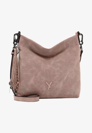 Růžová perforovaná kožená kabelka přes rameno s volným designem, vybavená dlouhým střapcem a kovovými doplňky. Součástí je nastavitelný popruh.