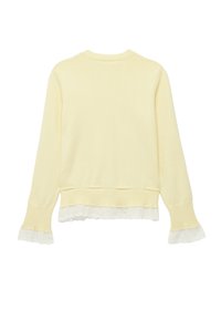 Suéter de manga larga en amarillo claro con borde de encaje blanco con volantes en los puños y el dobladillo, cuello y cintura acanalados, visto desde atrás.