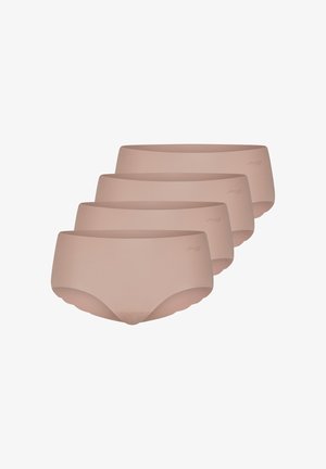 Set aus vier nahtlosen, hellbraunen Slips aus weichem, elastischem Material mit glatter Oberfläche und dezentem Logodetail.