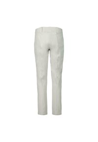 Pantalones de corte slim de color claro, con una textura suave; presentan una amplia cinturilla elástica; sin bolsillos visibles ni cierres.