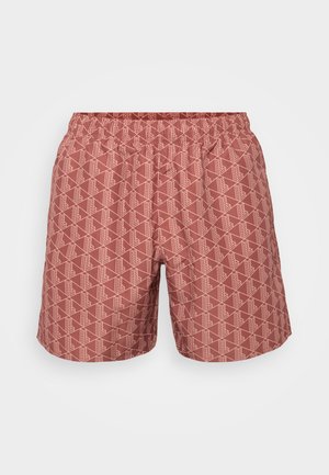 Men's swim shorts in a reddish hue featuring a geometric pattern. Made from lightweight fabric with an elastic waistband for comfort.
