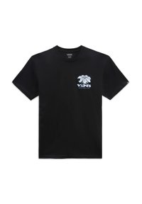 Camiseta de algodón negra con un logo floral azul y blanco en el lado izquierdo del pecho. Diseño de manga corta y cuello redondo.