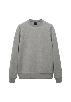 Gray sweatshirt made of soft cotton blend. Features a crew neck, long sleeves, ribbed cuffs, and a ribbed hem. Simple, unadorned design.