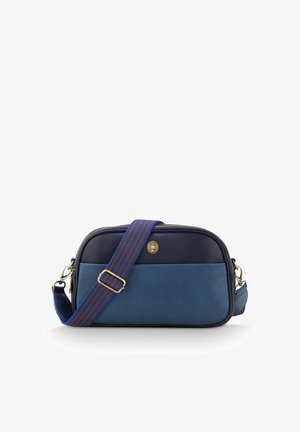 Blue leather crossbody bag with a textured finish, featuring a navy top, striped blue and orange strap, and gold hardware.