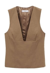 Brun ærmeløs top med en dyb V-udskæring og et tætsiddende design. Fremstillet af et glat stof med et struktureret udseende og diskrete syninger.