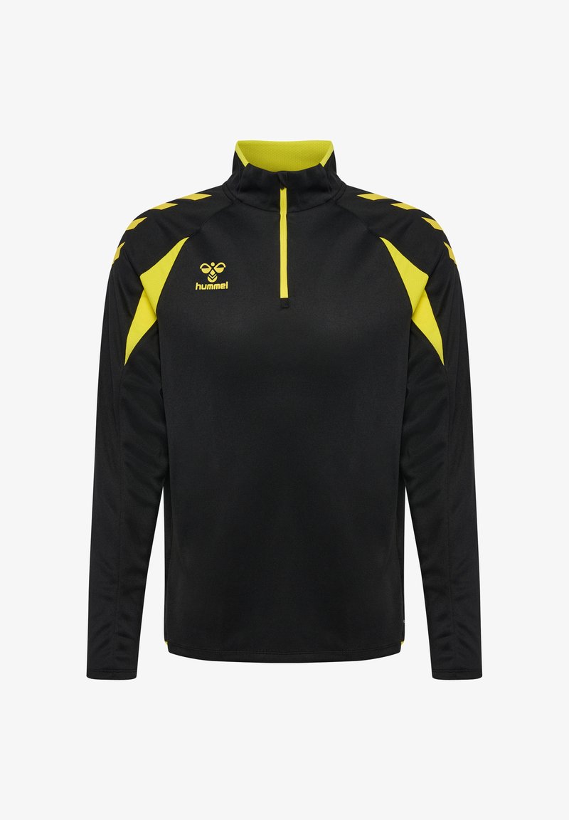 Sort og gul langærmet sports-pullover med kvart lynlås, høj krave og Hummel-logo på venstre bryst og skuldre.