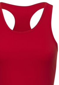 Rotes ärmelloses Top mit hohem Rücken, mit glatt strukturierter Oberfläche und Racerback-Design. Maschinengenähte Kanten für Haltbarkeit.