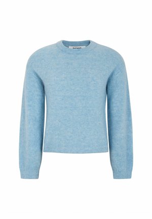 Himmelblaues, weiches Wollpullover mit rundem Halsausschnitt, langen Ärmeln und gerippten Bündchen und Saum. Verfügt über eine subtile Textur und keine Muster.