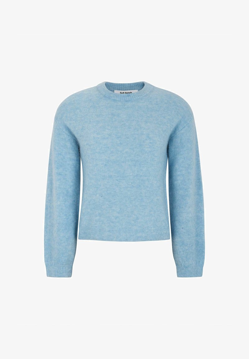 Pulover moale din lână de culoare albastru deschis, cu guler rotund, mâneci lungi și manșete și tiv cu nervuri. Prezintă o textură subtilă și fără modele.