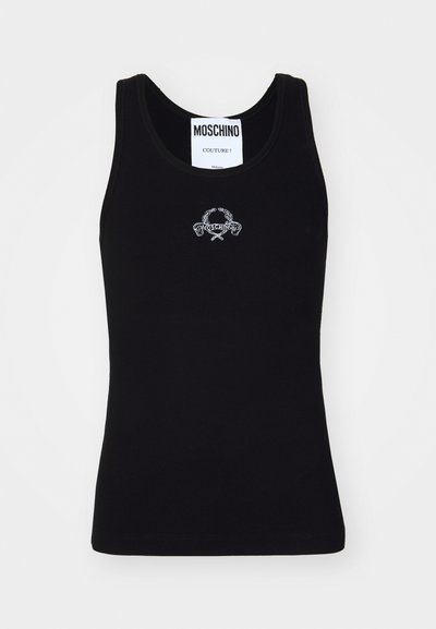 Top din bumbac negru cu model canelat, cu decolteu rotund, având un design central brodat alb. Fabricat dintr-un material moale și elastic.