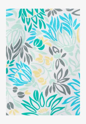 Tissu floral présentant des motifs turquoise clair et foncé, gris et jaune sur un fond blanc. Texture douce, design botanique vibrant.