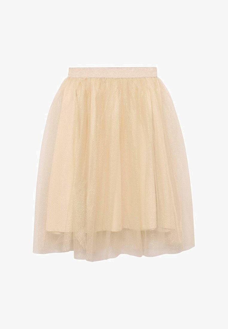 Kurzer, schichtweiser Tüllrock in blassbeige mit glitzerndem Finish und festem Bund. Halbtransparente Textur lässt Licht hindurchscheinen.