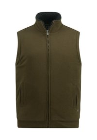 Olivgrünes ärmelloses Oberteil mit hohem Kragen, Reißverschluss vorne, zwei Seitentaschen und einem weichen, strukturierten Innenfutter. Elastischer Saum an der Unterseite.