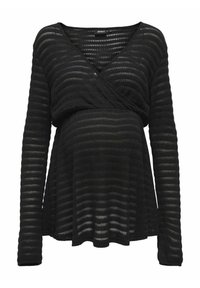 Haut noir à manches longues avec décolleté en V et design enveloppant, présentant un motif en tricot texturé à rayures. Tissu doux et léger.
