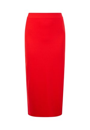 Červená pletená tužková sukně s přiléhavým střihem, hladkou texturou a vysokým pasem. Žádné viditelné vzory ani kovové detaily.