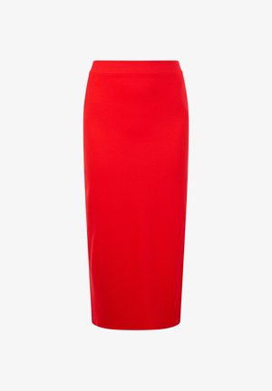 Roter Strick-Bleistiftrock mit einer figurbetonten Silhouette, glatter Textur und hohem Bund. Keine sichtbaren Muster oder Hardware-Details.