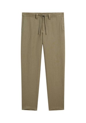 Pantalon kaki en tissu léger avec une taille à cordon de serrage, deux poches latérales et une coupe fuselée. Texture lisse, sans motifs.