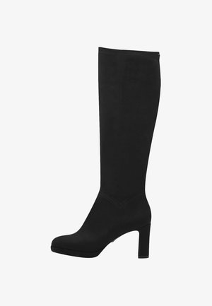 Black knee-high boots made of soft material with a smooth texture, featuring a square toe and a chunky heel. No visible hardware or patterns.