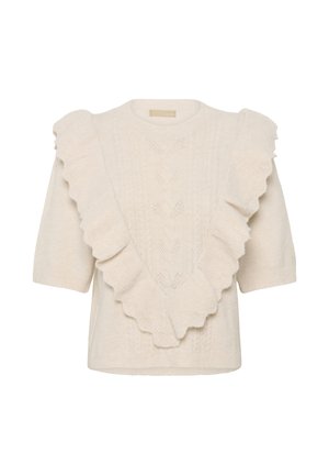 Krém színű kötött pulóver, díszes fodrokkal a V-nyak mentén, rövid ujjak és fonott mintázat az elején.