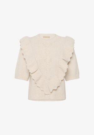 Krém színű kötött pulóver, díszes fodrokkal a V-nyak mentén, rövid ujjak és fonott mintázat az elején.