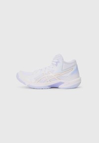 White athletic shoe with a textured upper, light lavender accents, and a contrasting gold logo. Features a rounded toe and cushioned sole.