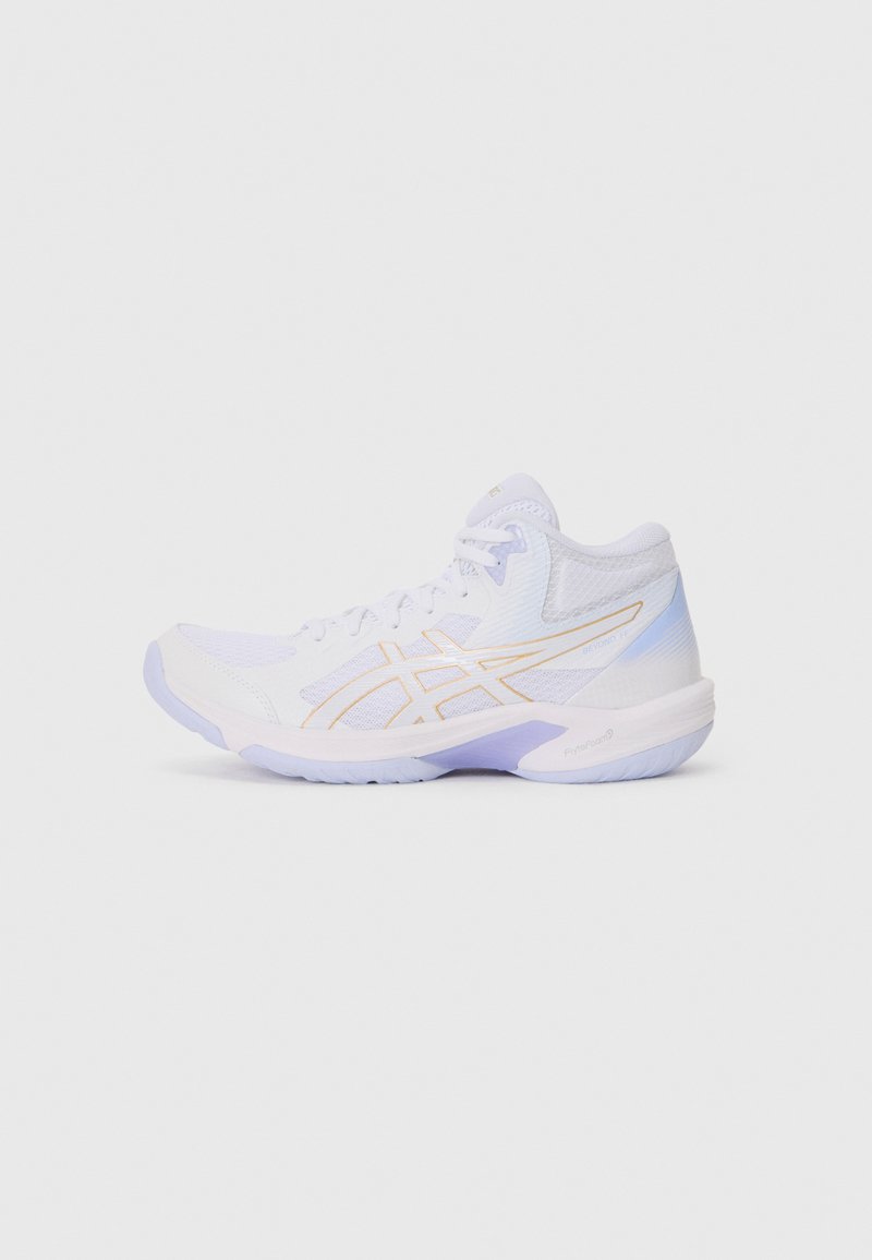 White athletic shoe with a textured upper, light lavender accents, and a contrasting gold logo. Features a rounded toe and cushioned sole.