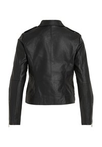 Giacca in pelle nera, design aderente, colletto alto, maniche lunghe, cuciture visibili e zip ai polsini, texture liscia.
