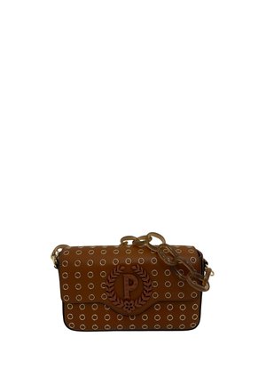 Borsa sintetica color tan con motivo circolare bianco, un logo decorato con una corona d'alloro e una tracolla trasparente.
