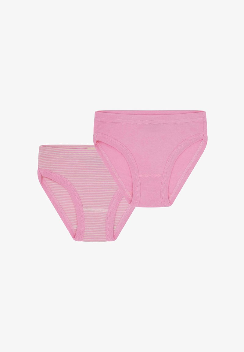Pink cotton briefs, one solid and one with thin stripes. Soft fabric, elastic waistband, classic cut. Suitable for everyday wear.