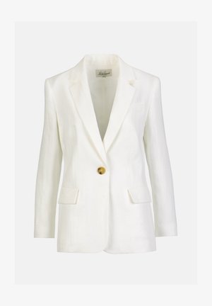 Witte op maat gemaakte blazer met inkeping revers, een enkele bruine knoop, twee voorzakken met klep en lange mouwen.