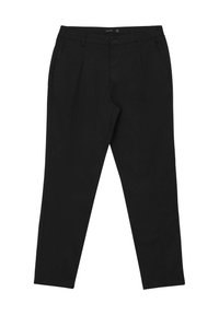 Schwarze Hosen aus Baumwollmischung mit flachem Frontdesign, zwei Seitentaschen und Knopfverschluss. Slim-Fit-Schnitt mit geraden Beinen.