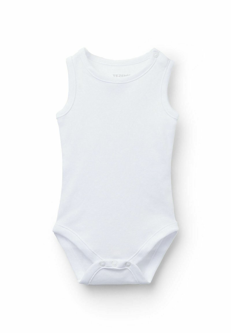 Biały bawełniany body na ramiączkach z okrągłym dekoltem, z zatrzaskami na dole oraz gładką, miękką fakturą.