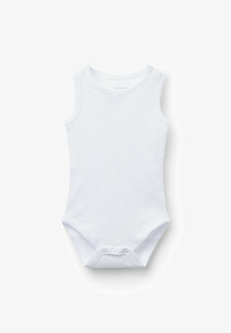 Biały bawełniany body na ramiączkach z okrągłym dekoltem, z zatrzaskami na dole oraz gładką, miękką fakturą.
