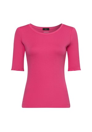 Figurbetontes pinkes T-Shirt mit rundem Halsausschnitt und kurzen Ärmeln. Aus einem glatten, dehnbaren Stoff gefertigt. Minimalistisches Design, keine sichtbaren Muster oder Hardware.
