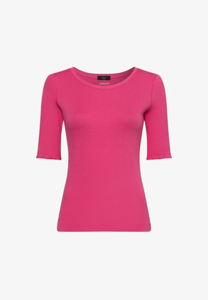 Fitted pink t-shirt with a round neckline and short sleeves. Made from a smooth, stretchy fabric. Minimalist design, no visible patterns or hardware.