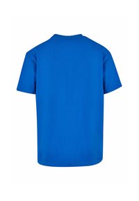 Blå bomulds T-shirt med korte ærmer og rund halsudskæring, med et enkelt design og jævn tekstur, set fra ryggen.