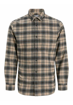 Camicia di flanella beige con motivo a quadri neri e blu navy, colletto con bottoni, maniche lunghe e una vestibilità leggermente sagomata.