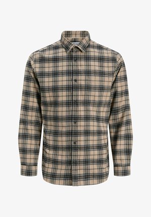 Beżowa flanelowa koszula w czarno-granatowy kraciasty wzór, z kołnierzykiem na guziki, długimi rękawami i lekko tapered krojem.