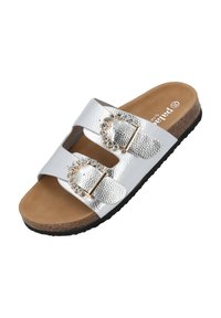 Silver buckle sandals with a textured finish, two adjustable straps, and a brown cushioned footbed. Black rubber sole for grip.