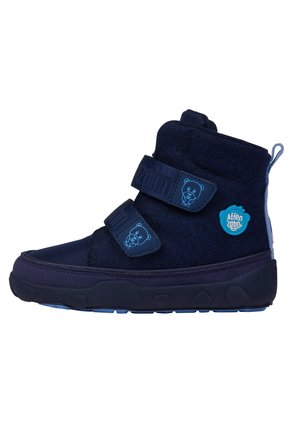 Børne mørkeblå høje sneakers med to velcrobånd, bjørneikoner på båndene og "Affenzahn" logo på siden.