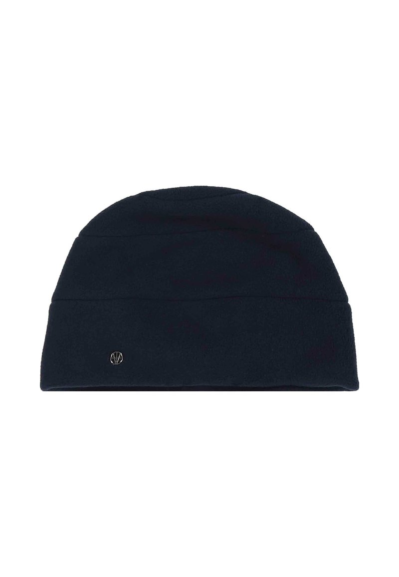 Căciulă din fleece de un albastru închis, cu un vârf rotunjit, prezentând o margine pliată subtilă și un mic logo metalic pe partea din față.