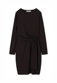 Vestido negro de manga larga con cuello redondo, cintura ajustada y un cinturón de tela anudado. Textura suave, diseño hasta las rodillas.