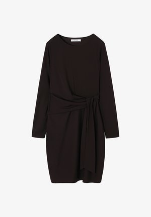Black, long-sleeve dress with a round neckline, cinched waist, and a knotted fabric belt. Smooth texture, knee-length design.